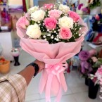 send pink and white roses bouquet with baby breath delivery